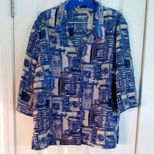 Women's Vintage Blue Patterned Button Down Shirt XLP